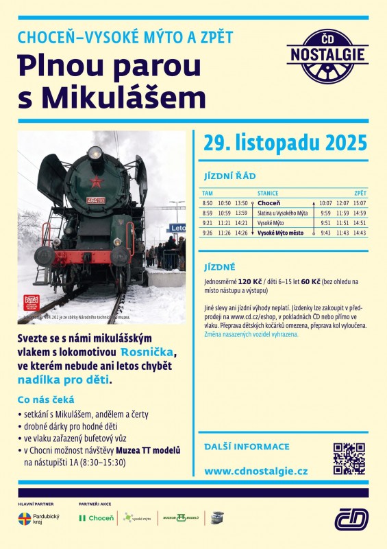 Plnou parou s Mikulášem z Chocně do Vysokého Mýta. Nebo naopak už tuto sobotu 29. listopadu 2025.