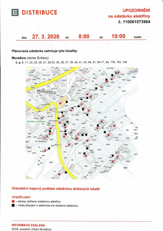 Odstávka elektřiny 27.3. od 8 do 10 hodin na čp. 6,11,23,25,26,27,29-33,35,36,37,39,40,41,43,46,61,64-71,94,176,183 a 194