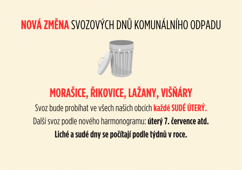 Svoz bude probíhat ve všech našich obcích každé SUDÉ ÚTERÝ.