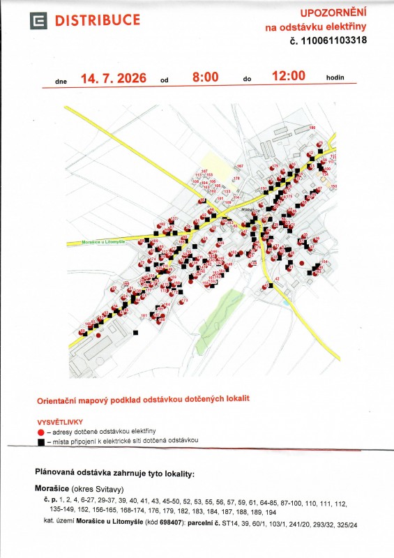 Odstávka elektřiny 14.7.2026 v Morašicích