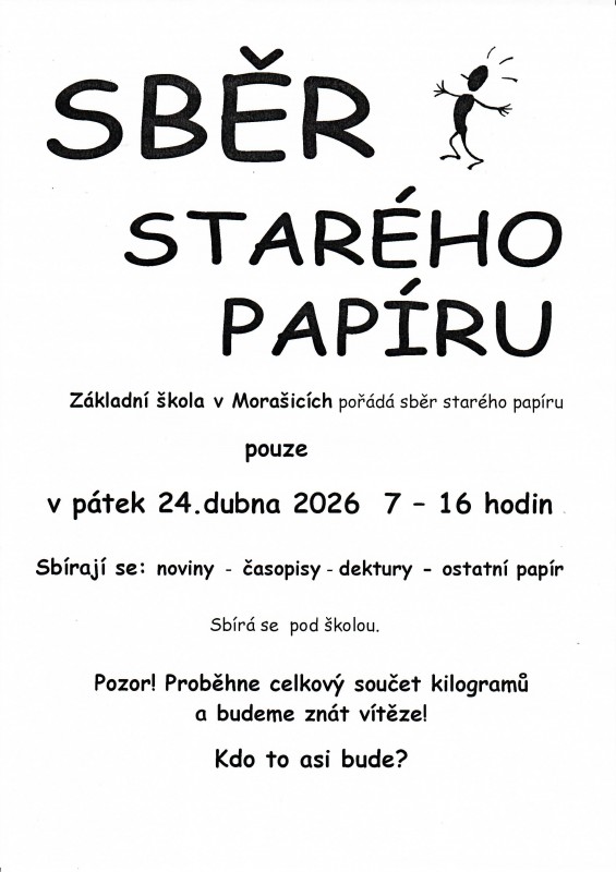 Sběr papíru 24.4. od 7-16 hodin ZŠ v Morašicích