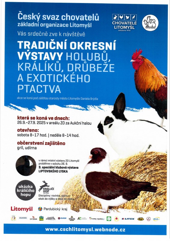 Tradiční okresní výstaa holubů, králíků, drůbeže a exotického ptactva 26.-27.9.2026 v Litomyšli